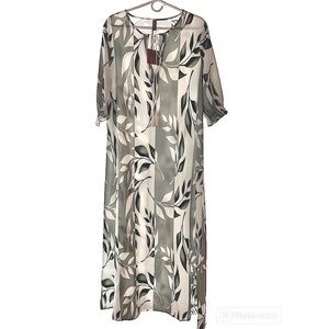 Noracora maxi lightweight dress tassel tie 3/4 sleeves Green hues leaf design.